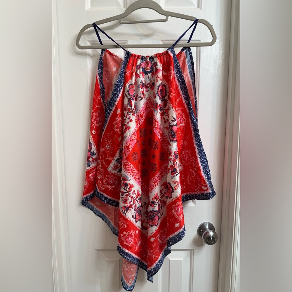 Skies Are Blue Floral Scarf Top Red/White/Blue/Pink, Size M/L, New with Tags
